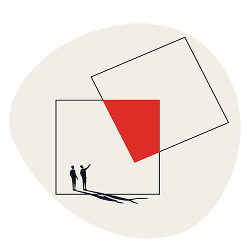 Illustration of two squares intersecting and creating a new red square and two observing characters